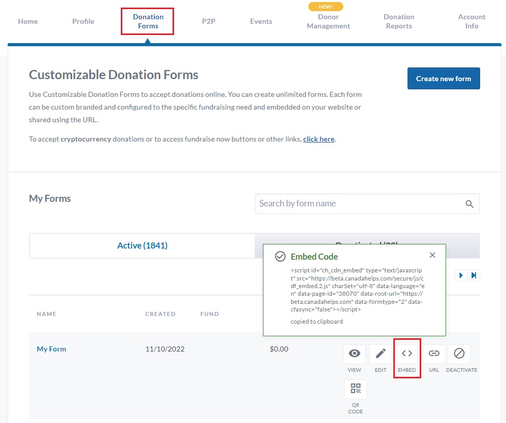 Finding Your Donation Form's Embed Code - CanadaHelps.org - Help