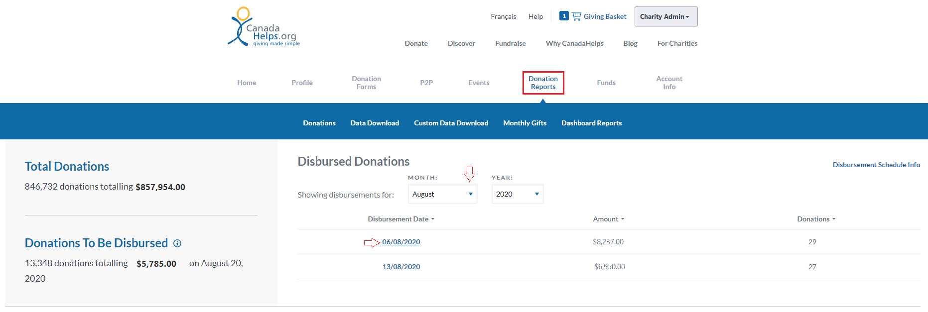 Donations Reports Tab Overview Help for Charities